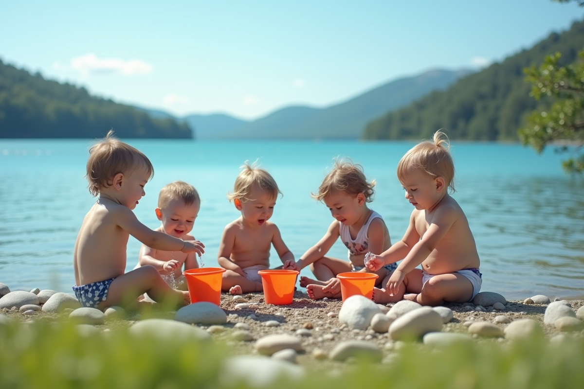 Groupe de bébés jouant au bord du lac avec seaux et pierres
