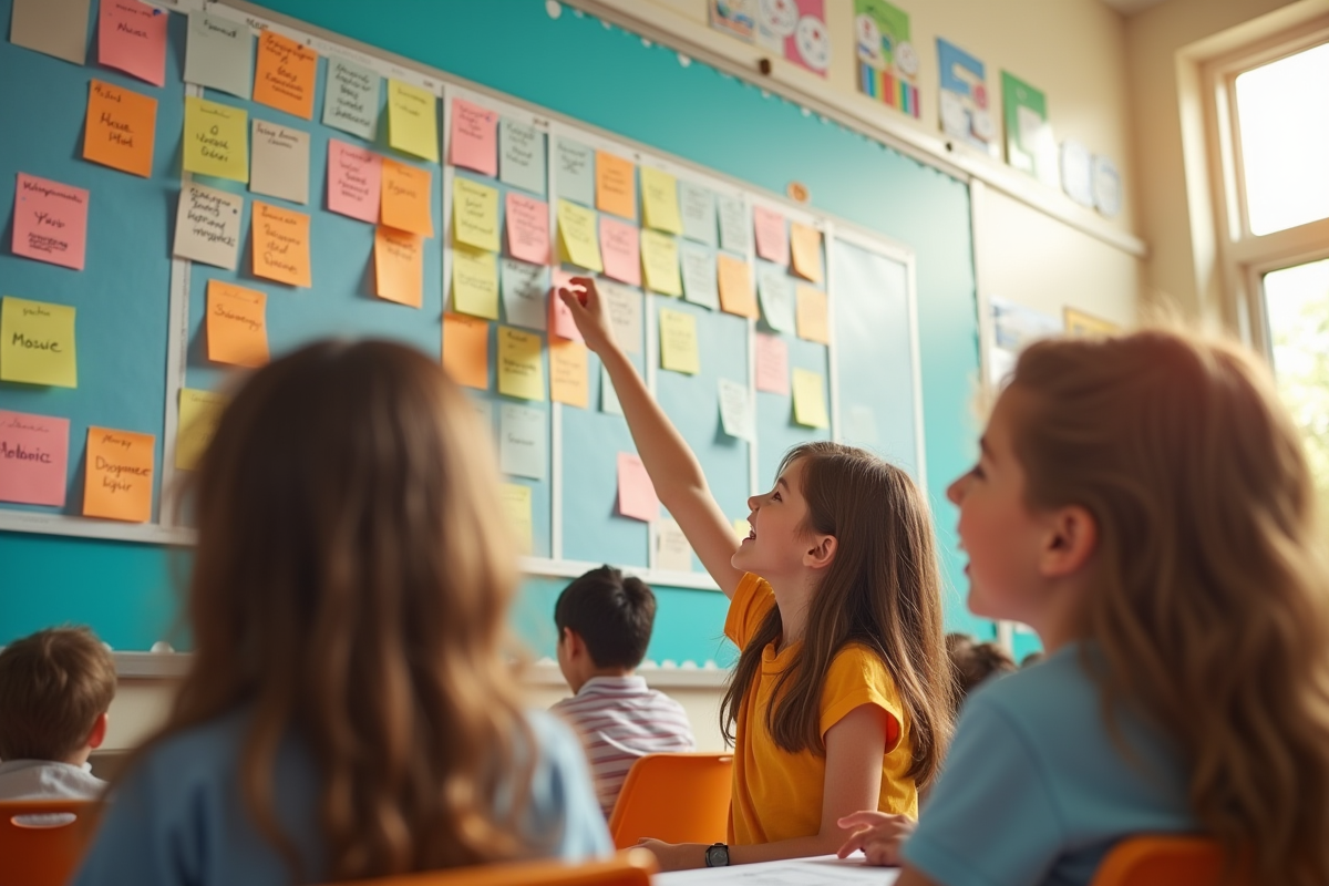 Enfants utilisant un calendrier mural coloré avec rappels en classe