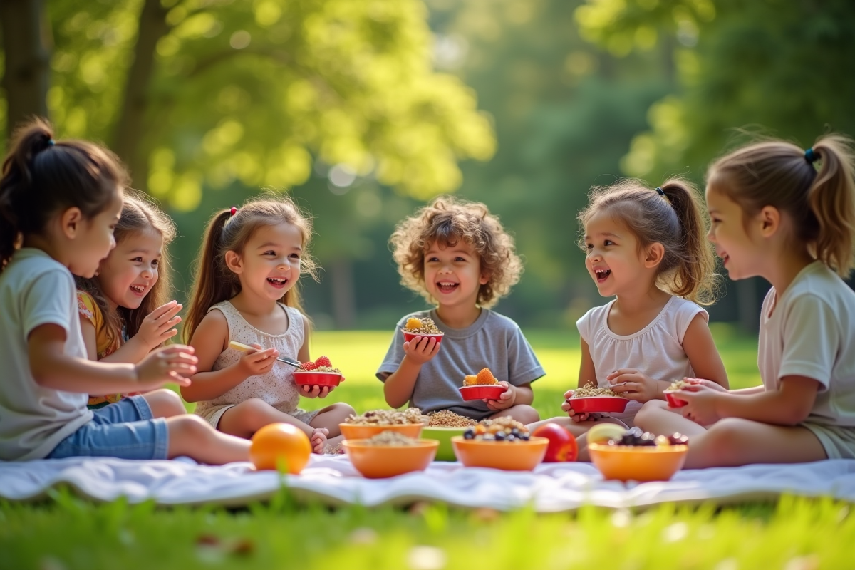 Enfants jouant dans un parc avec un pique-nique de fruits et grains