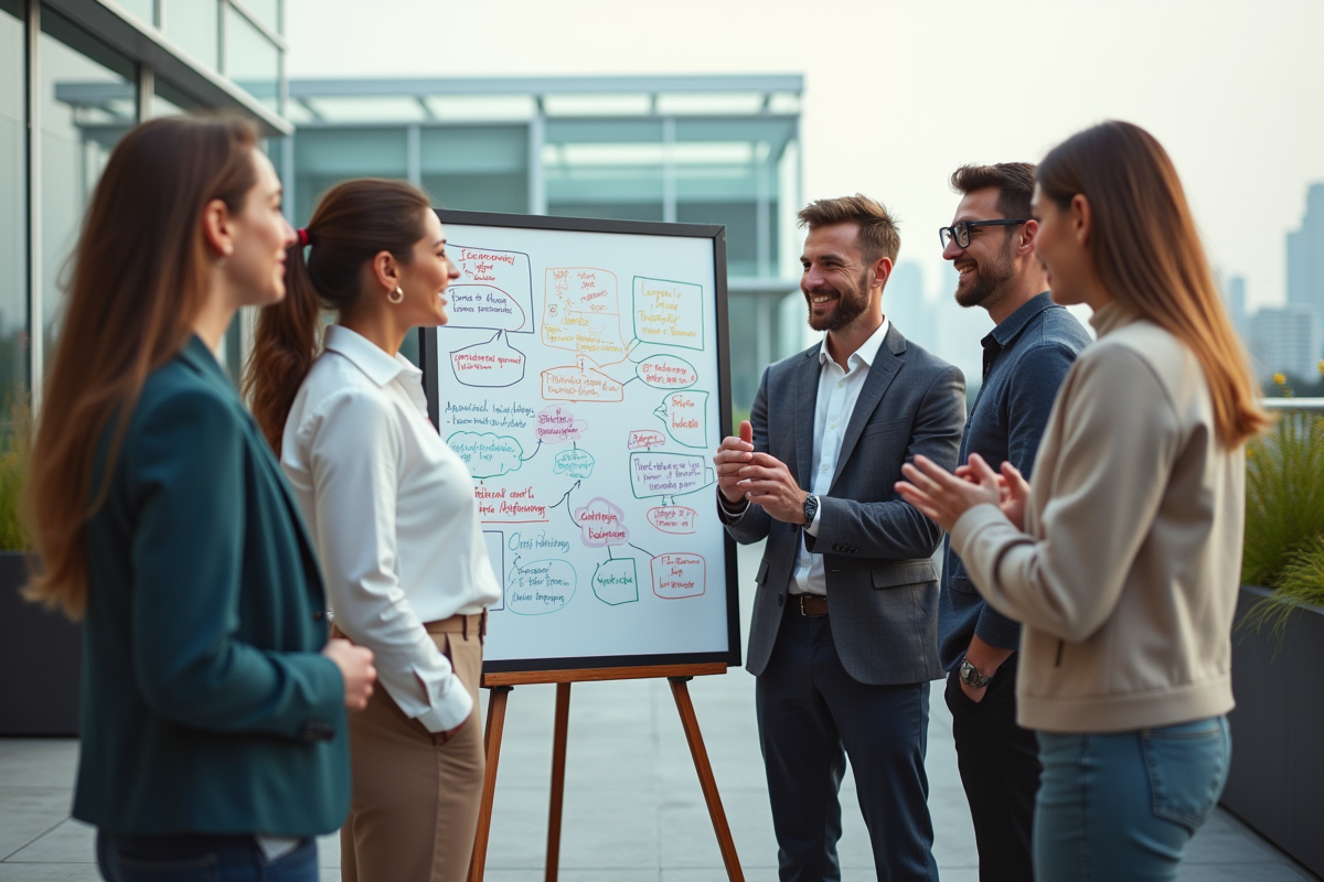 Equipe diverse discutant sur rooftop avec tableau blanc