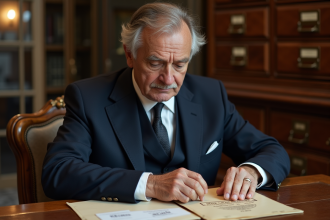 Facteur français en uniforme triant le courrier dans un bureau ancien