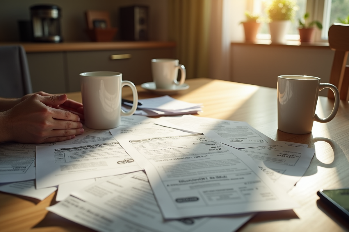 Table de cuisine avec factures impayées et avis de résiliation