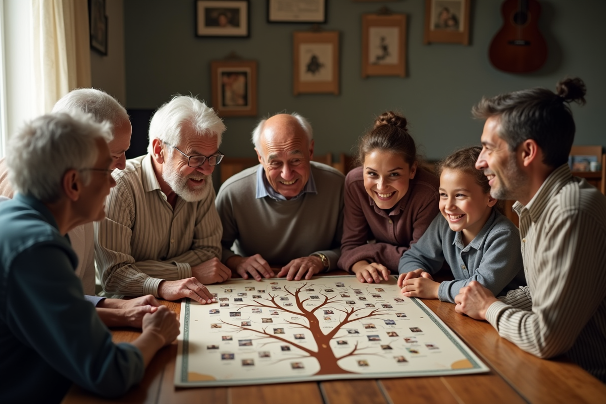Famille multigenerational autour d un arbre généalogique ancien