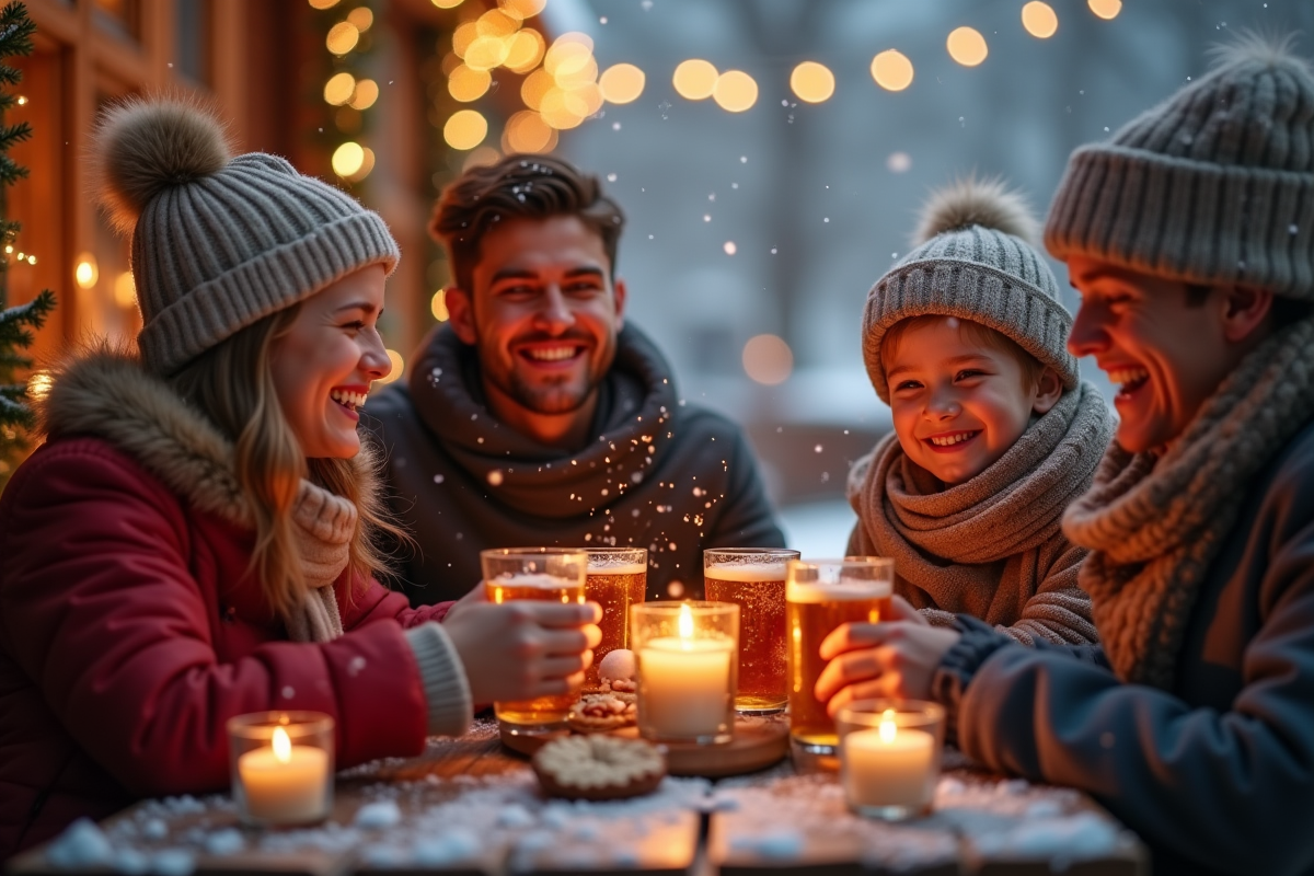Famille profitant d une celebration hivernale avec boissons chaudes et decorations