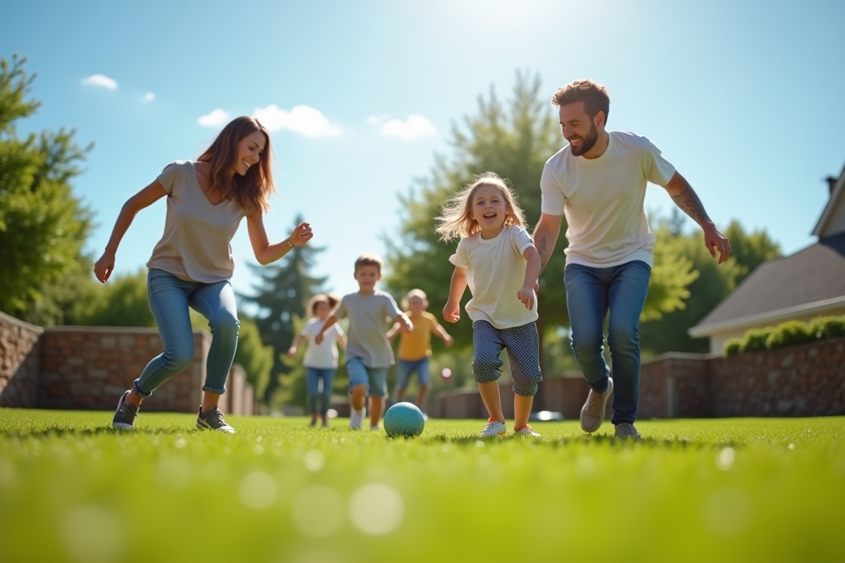 Famille jouant à un jeu en extérieur sur une pelouse ensoleillée