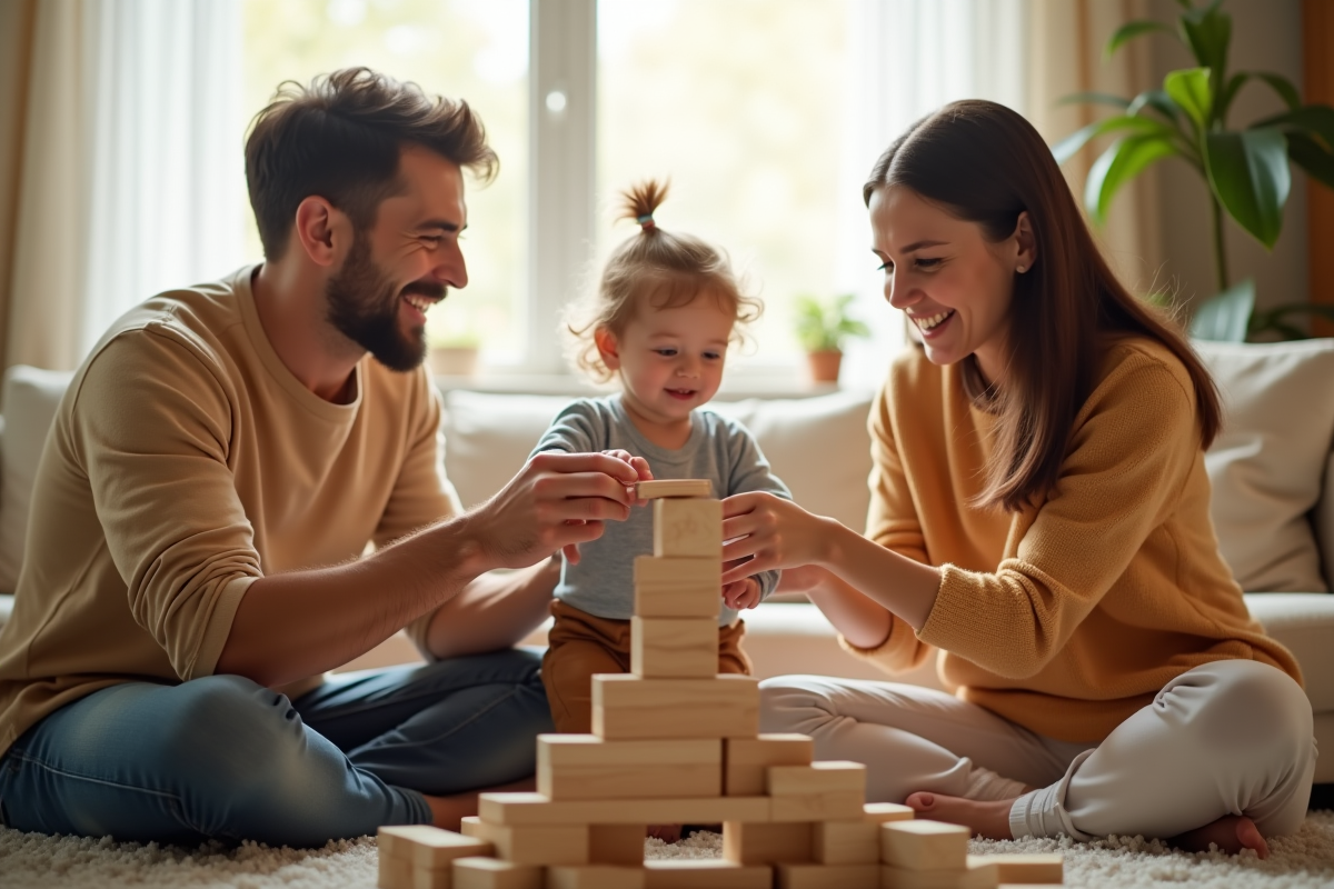 Famille construisant une tour en bois dans un salon ensoleille
