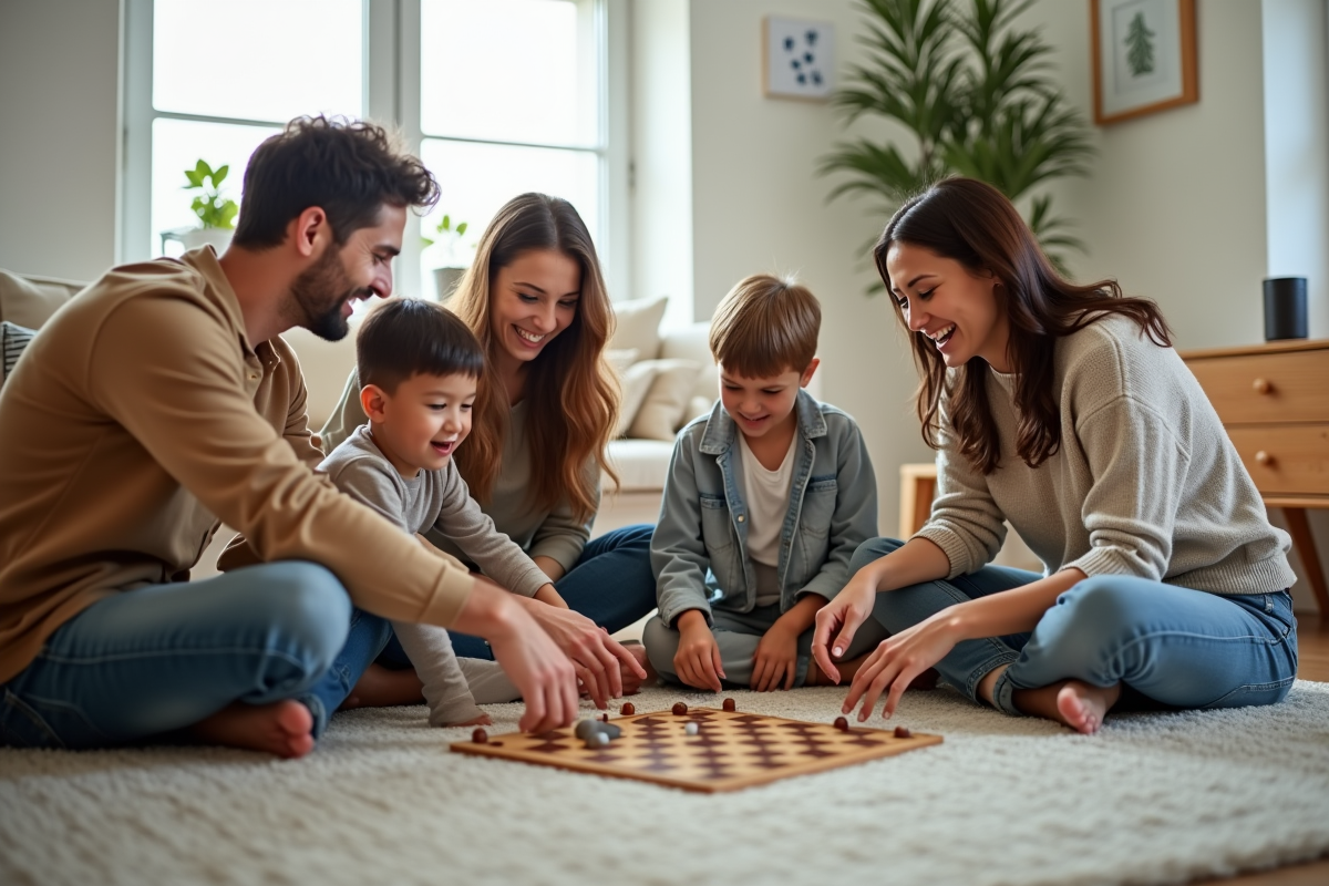 Famille jouant ensemble à un jeu de société dans un salon lumineux