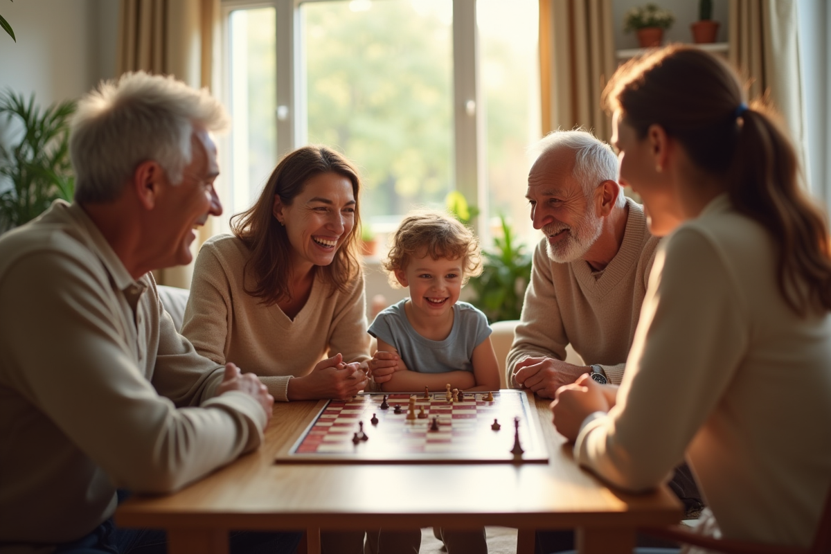 Famille multigenerational jouant à un jeu de société dans un salon lumineux