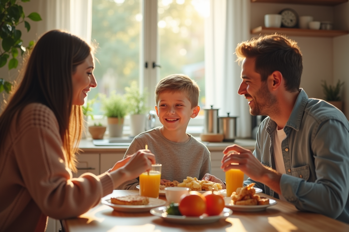 Adolescent avec ses parents partageant un petit déjeuner en famille
