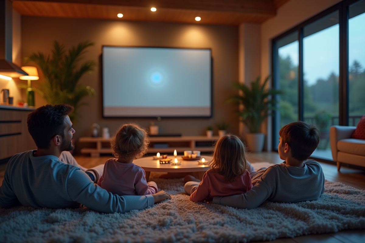 Famille souriante regardant un film dans un salon moderne