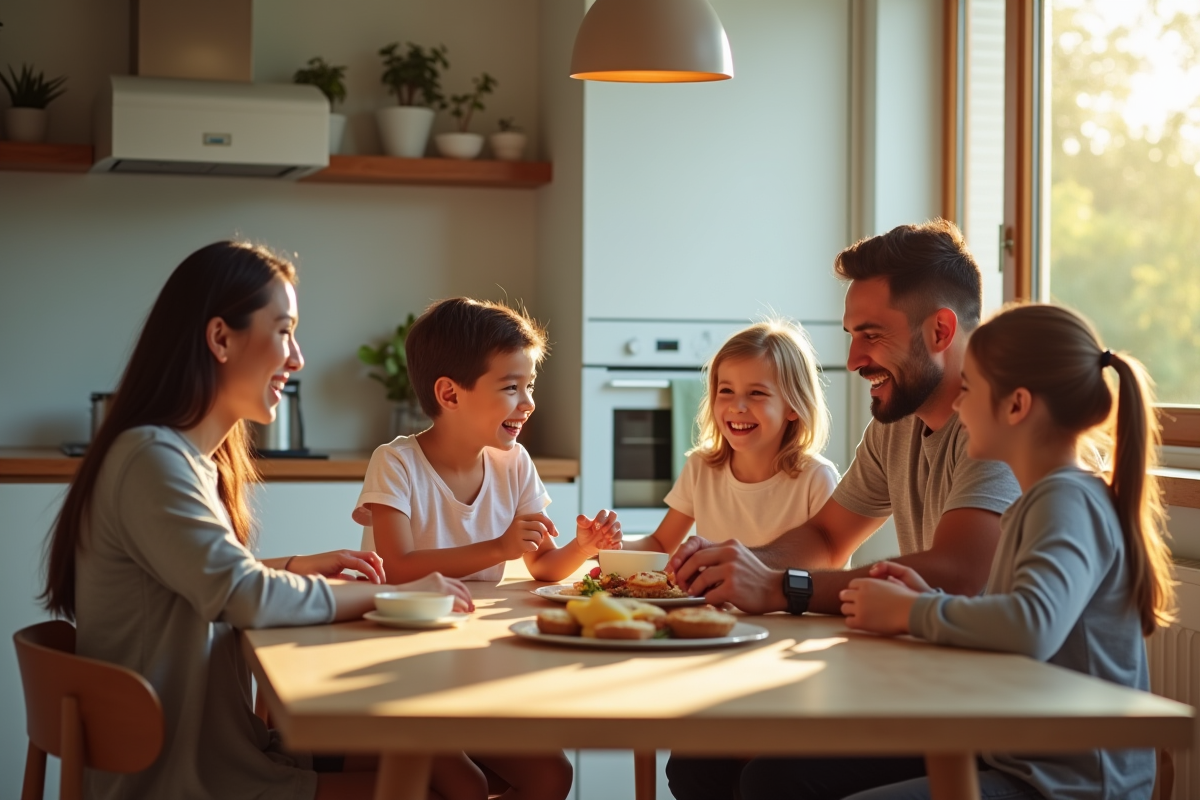 Famille de quatre autour d'un repas convivial en cuisine