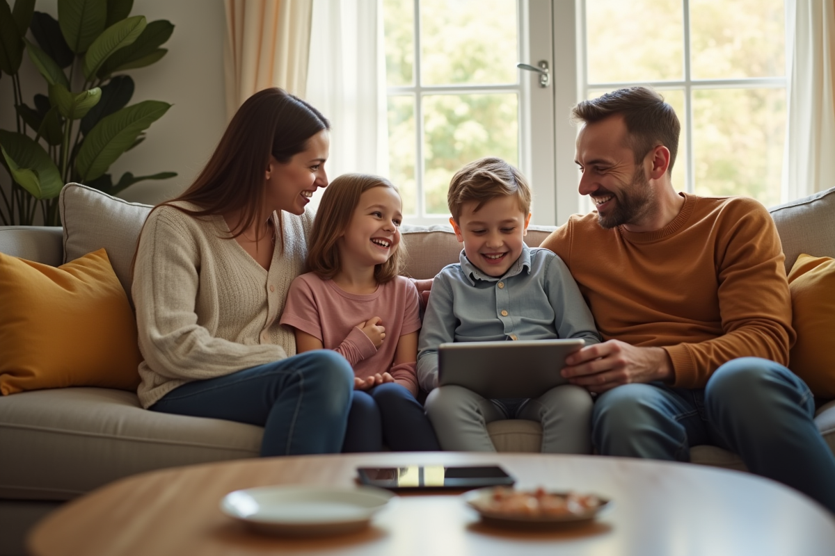 Famille souriante dans un salon lumineux et chaleureux