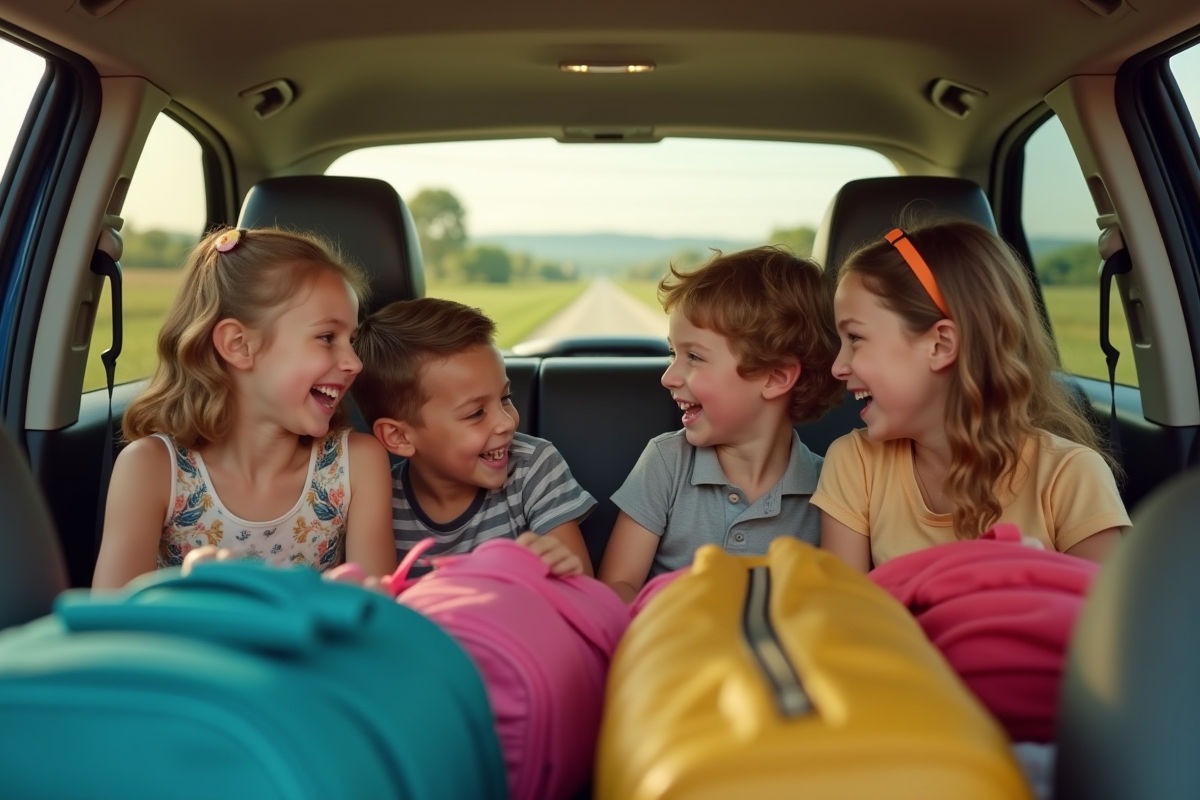 Famille souriante jouant a I Spy dans une voiture spacieuse