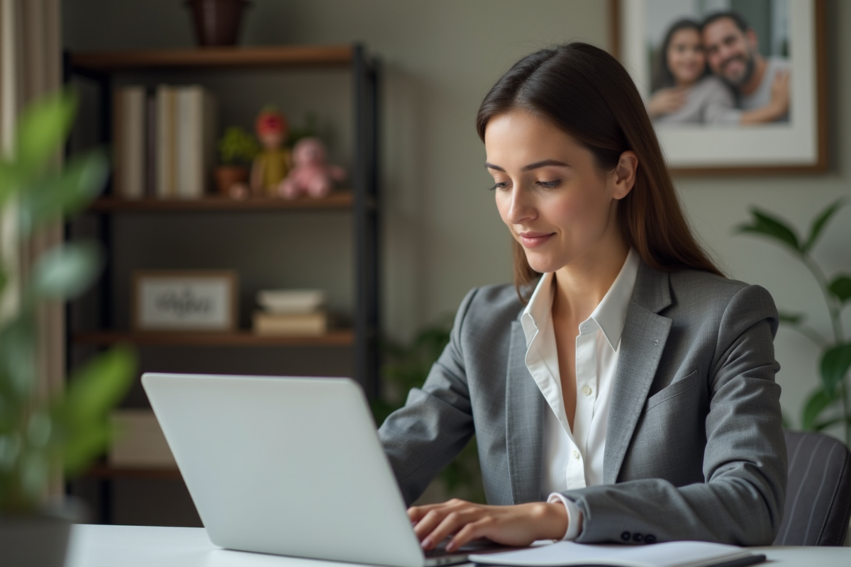 Femme en costume au bureau à domicile avec photo de famille