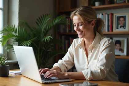 Femme souriante travaillant sur son ordinateur dans un bureau à domicile