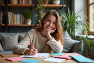 Femme souriante écrivant une carte d anniversaire à la maison