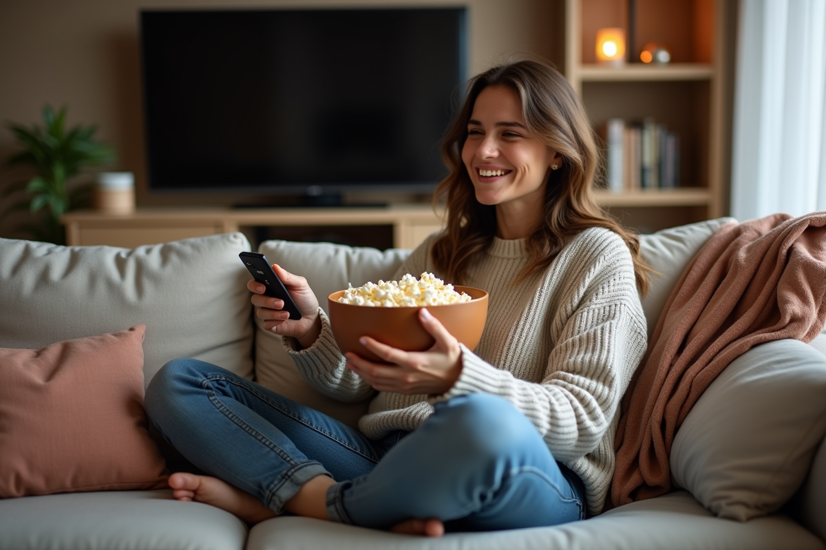 Femme détendue regardant la TV avec popcorn dans un salon cosy