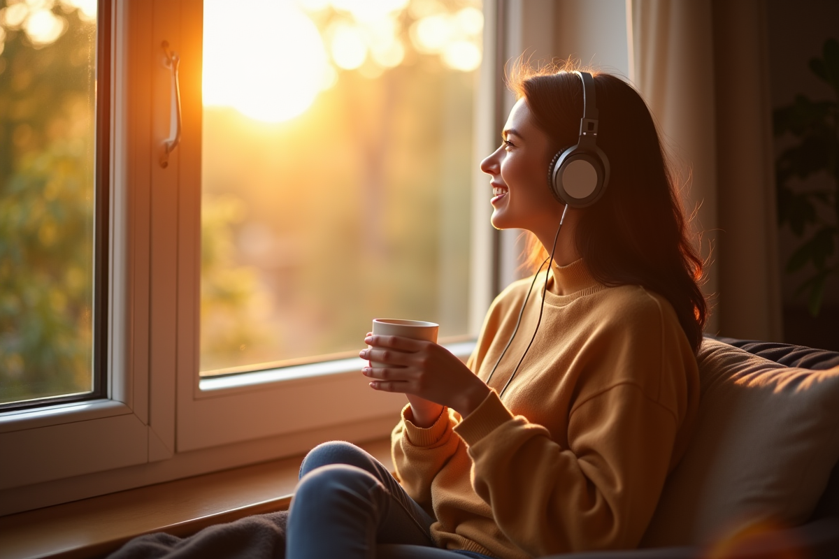 Jeune femme souriante écoute de la musique près d'une fenêtre ensoleillée