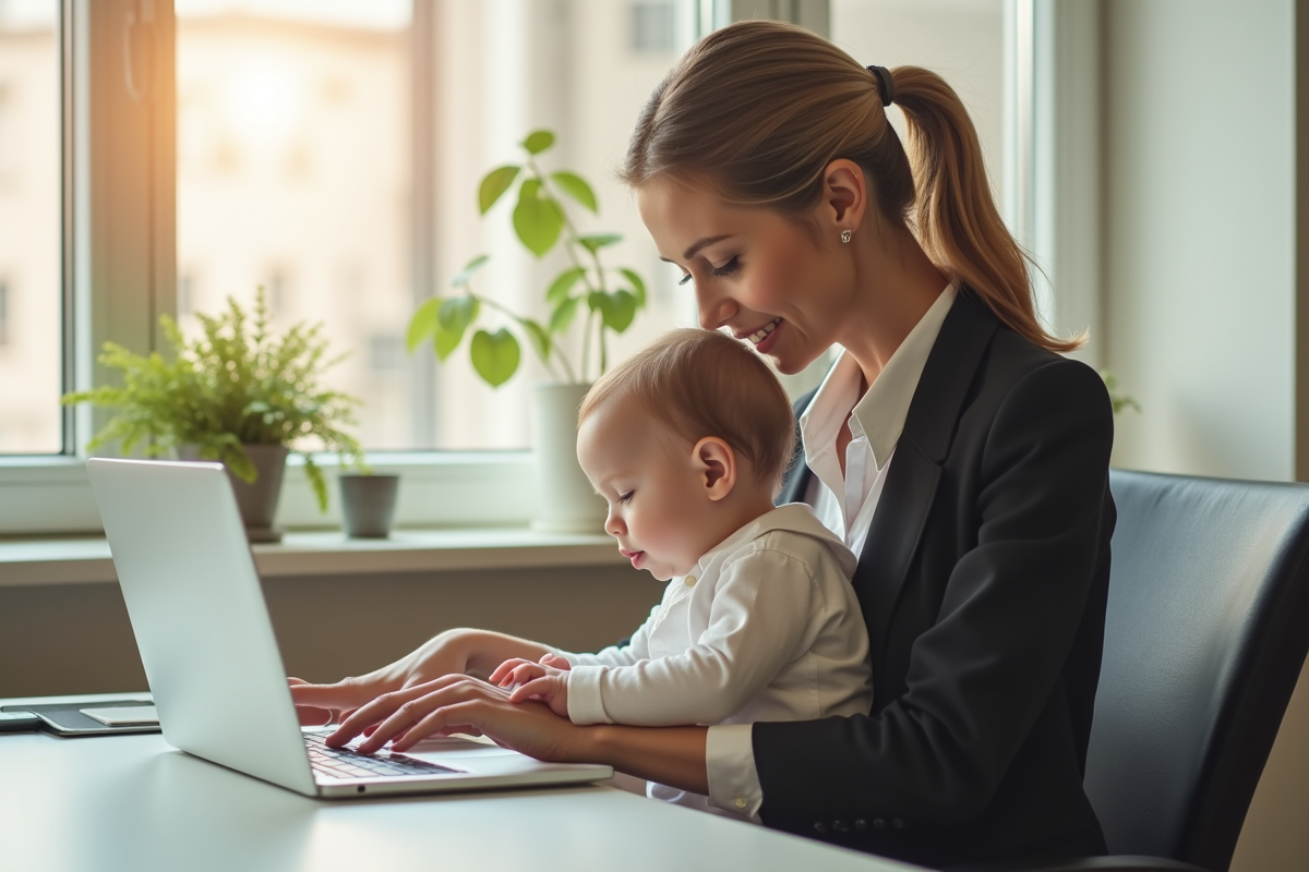 Femme professionnelle avec bébé travaillant à domicile
