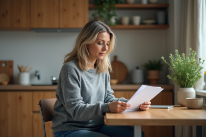 Femme pensant avec lettre dans la cuisine moderne