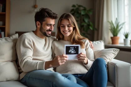 Femme souriante avec son partenaire regardant une photo d'ultrasons