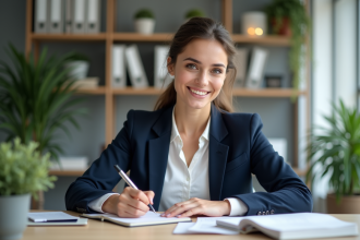 Femme confiante en bureau moderne écrivant plans stratégiques
