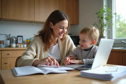 Femme souriante avec son fils et dessin à la maison