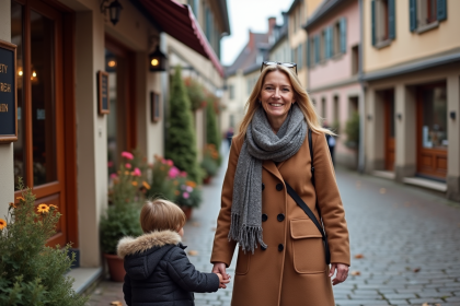 Femme souriante dans un village alsacien avec boulangerie
