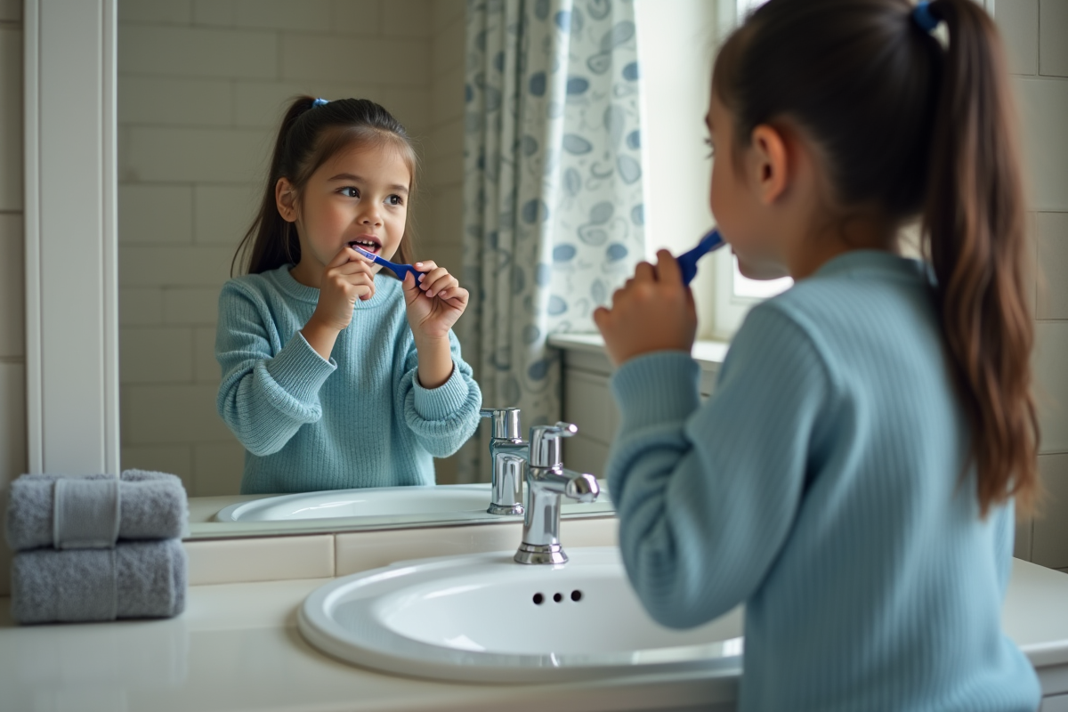 Fille de 5 ans se brossant les dents dans la salle de bain