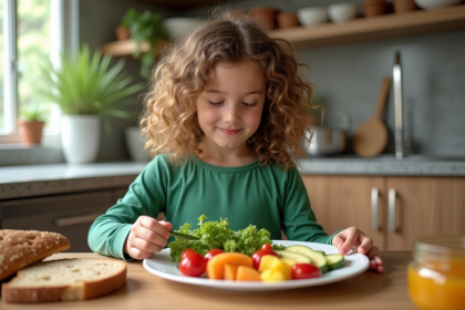 Jeune fille curieuse préparant un plat coloré de légumes et fruits