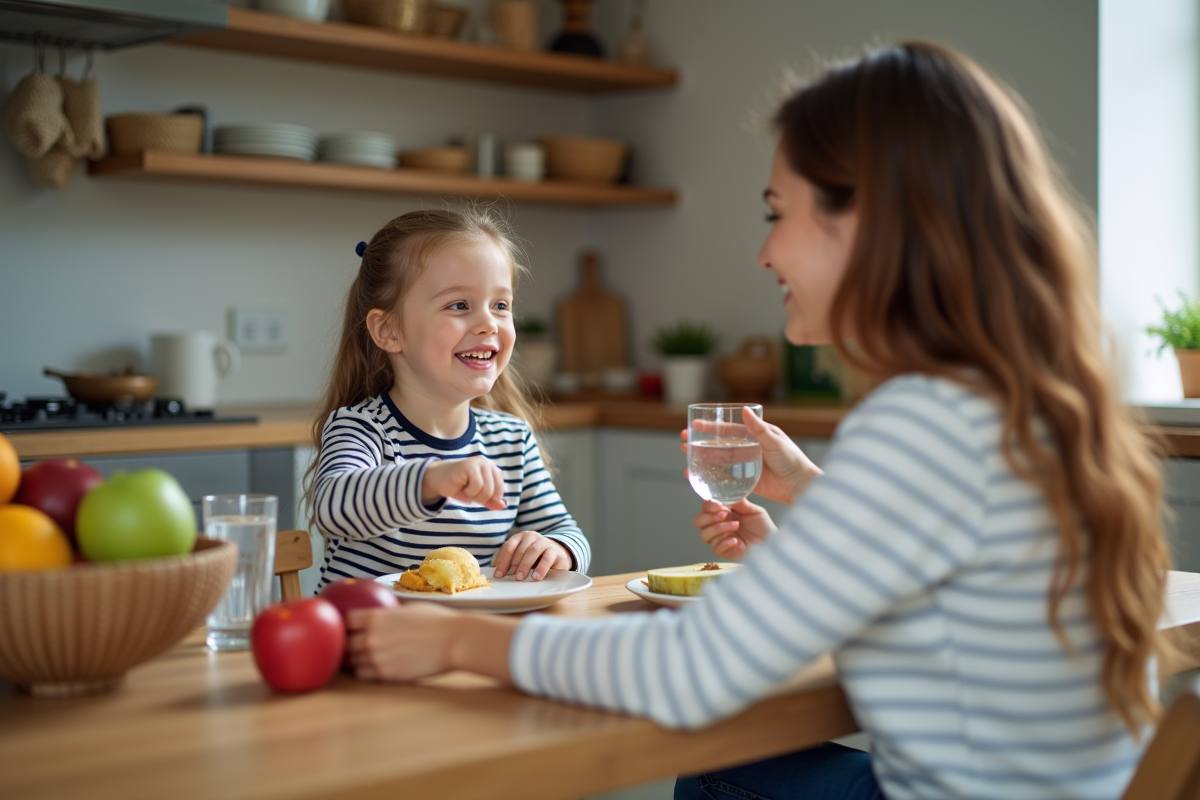 Jeune fille avec sa mère partageant un petit déjeuner sain