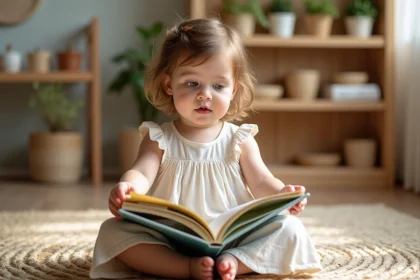 Jeune fille de trois ans dans une classe Montessori lisant un livre