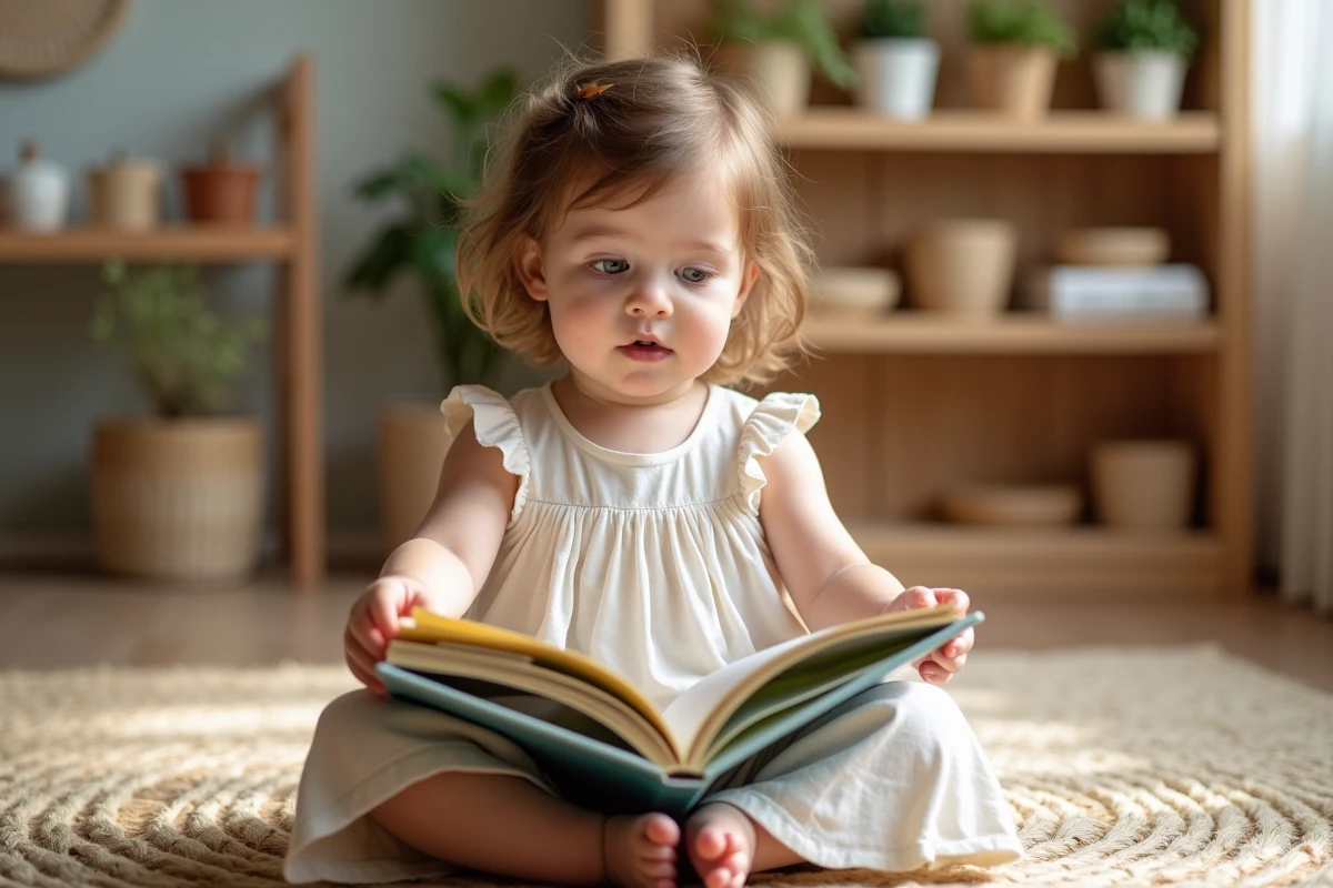Jeune fille de trois ans dans une classe Montessori lisant un livre