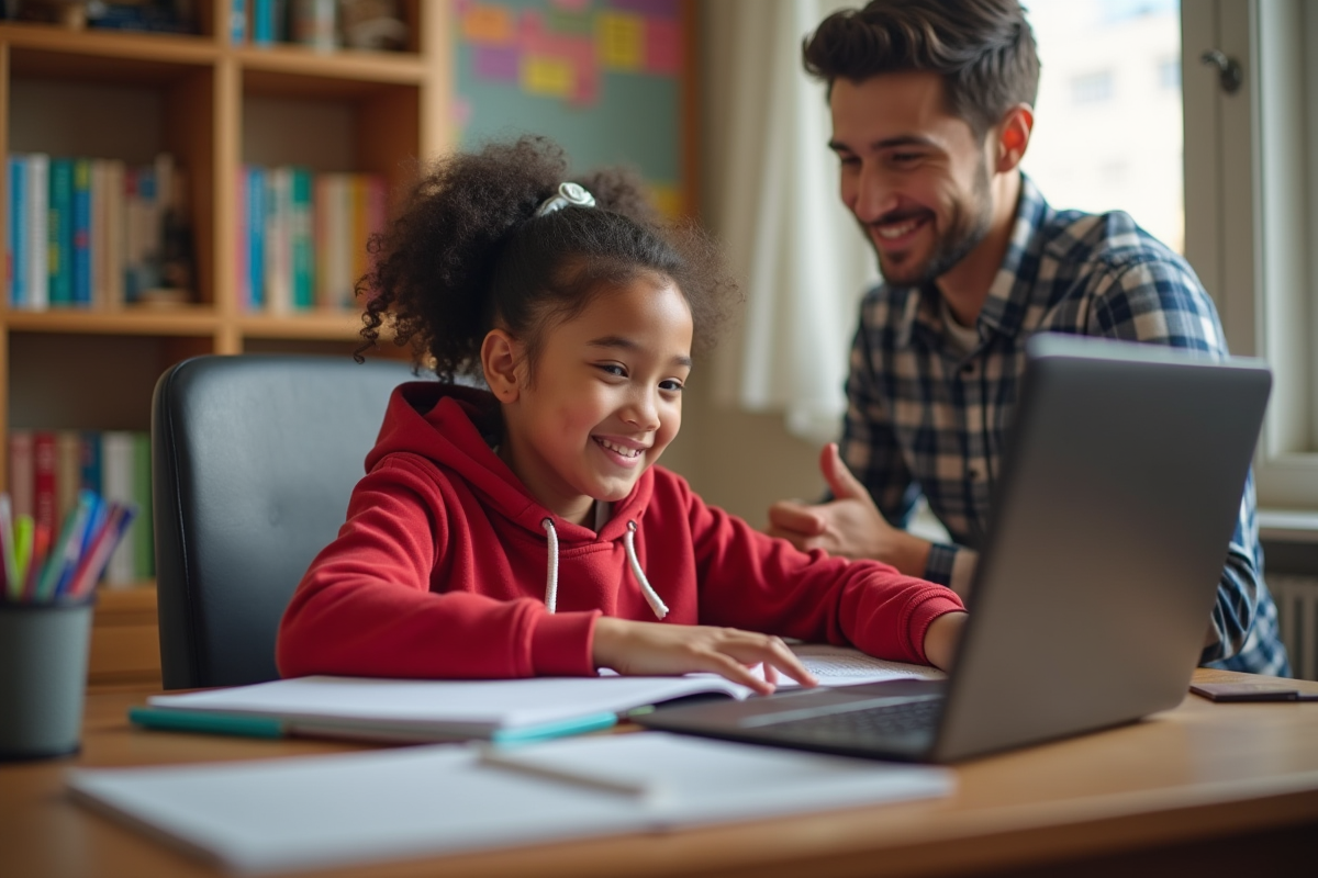 Fille de 12 ans souriante avec son père dans sa chambre