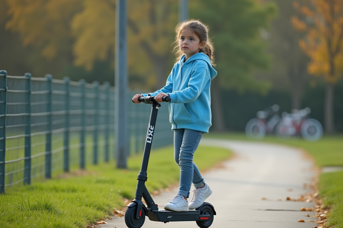 Fille de 12 ans poussant un scooter dans un parc