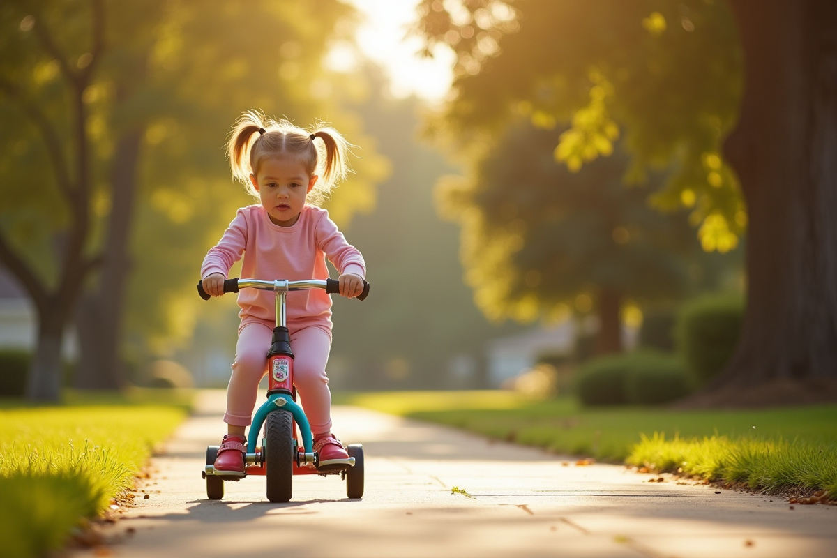 Fille concentrée avec des couettes roule sur un vélo coloré sur le trottoir