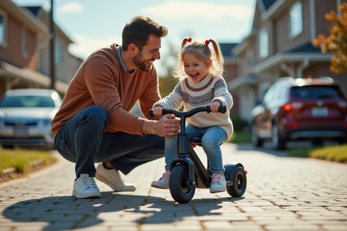 Fille riant en ajustant sa minibike avec son père