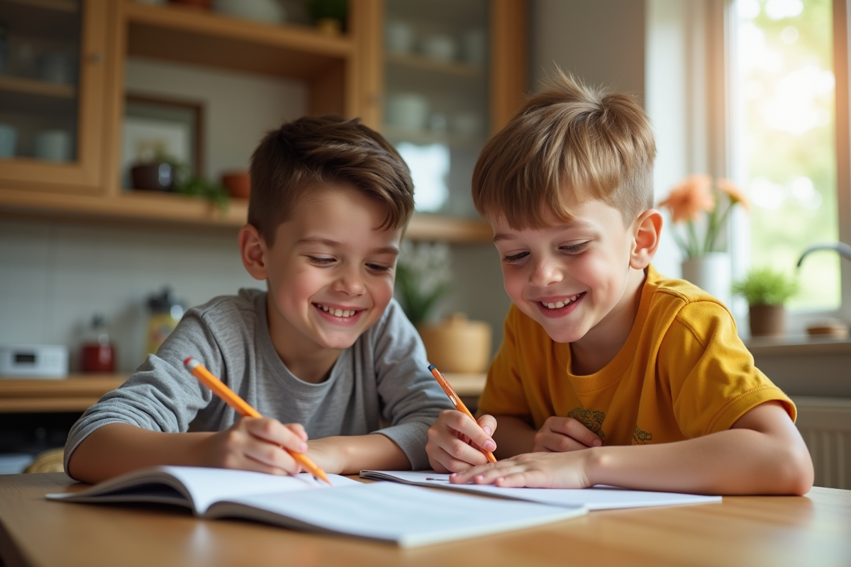 Grand frere aidant son petit frere avec ses devoirs dans la cuisine