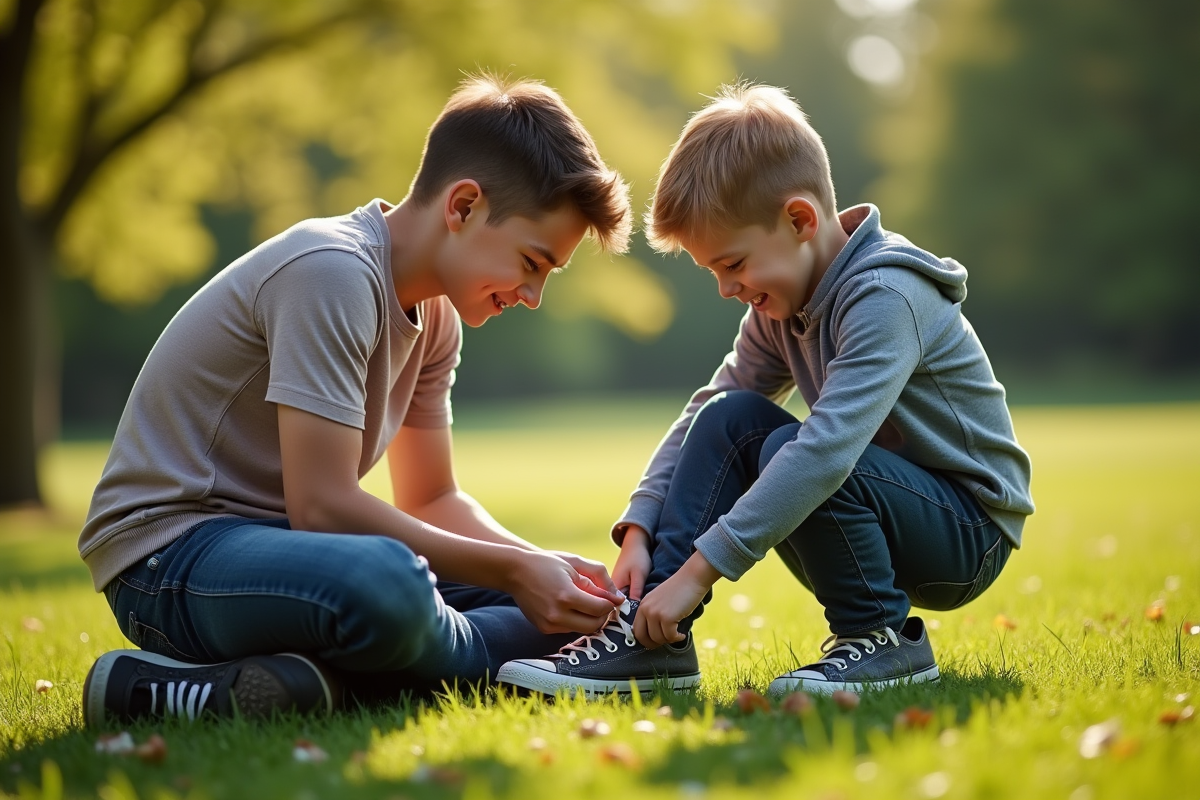 Frere aide son petit frere a l exterieur dans un parc en matinee