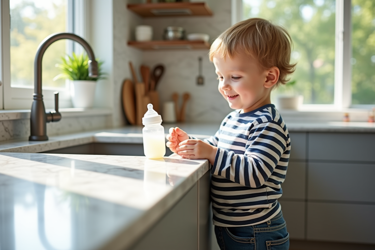 Garçon de cinq ans posant un biberon vide sur le comptoir de la cuisine en souriant