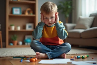 Jeune garçon de 7 ans frustré assis par terre dans un salon