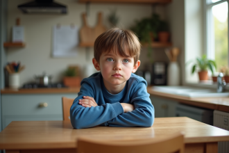 Garçon de 8 ans assis à la table cuisine