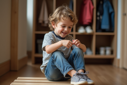 Jeune garçon de 8 ans qui attache ses chaussures dans un couloir cosy