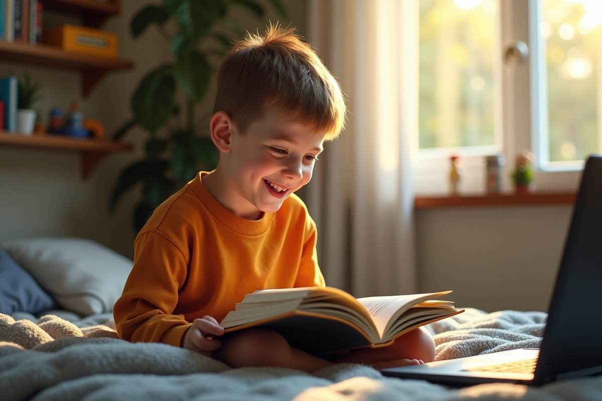 Jeune garçon lisant un livre illustré dans sa chambre