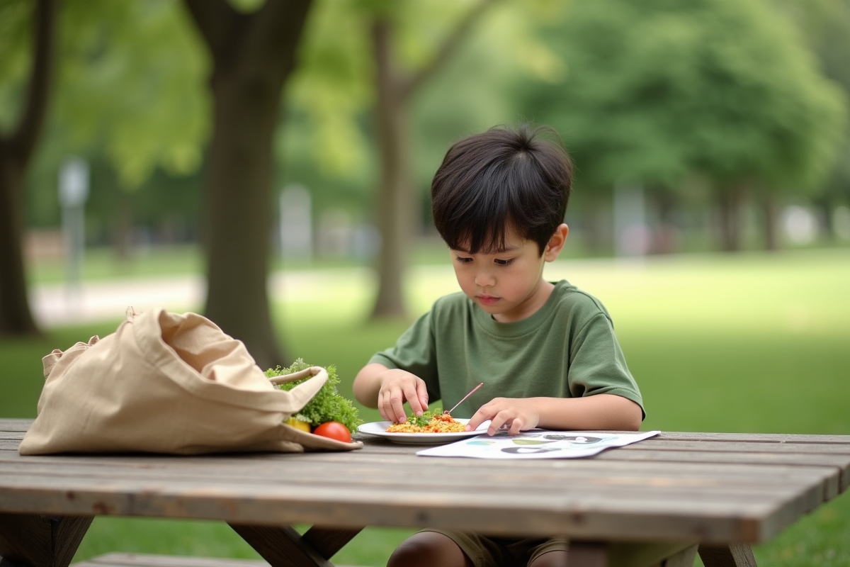 Garçon curieux mangeant en plein air dans un parc