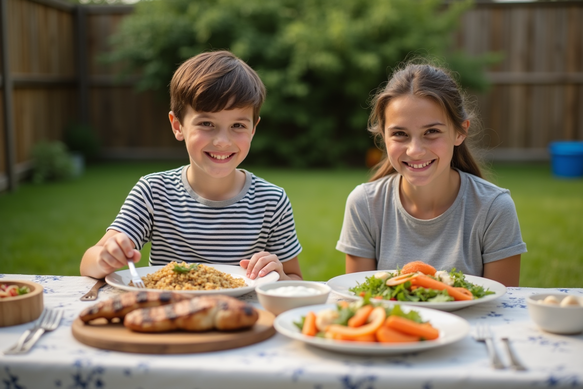 Garçon et mère partageant un repas en plein air dans le jardin