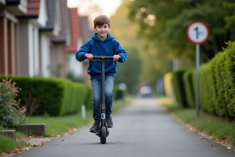 Garçon de 12 ans en scooter dans un quartier résidentiel