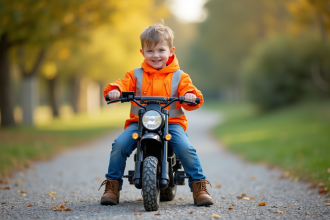 Garçon souriant en veste de sécurité sur une moto électrique