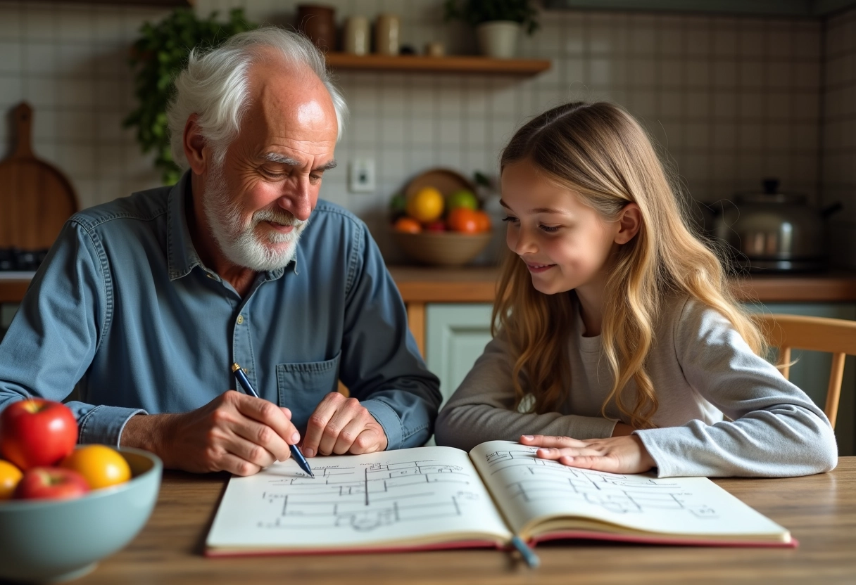 Grand-pere et petite-fille dessinant un arbre genealogique