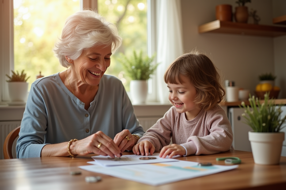 Mamie et enfant comptant des pièces de monnaie à la table